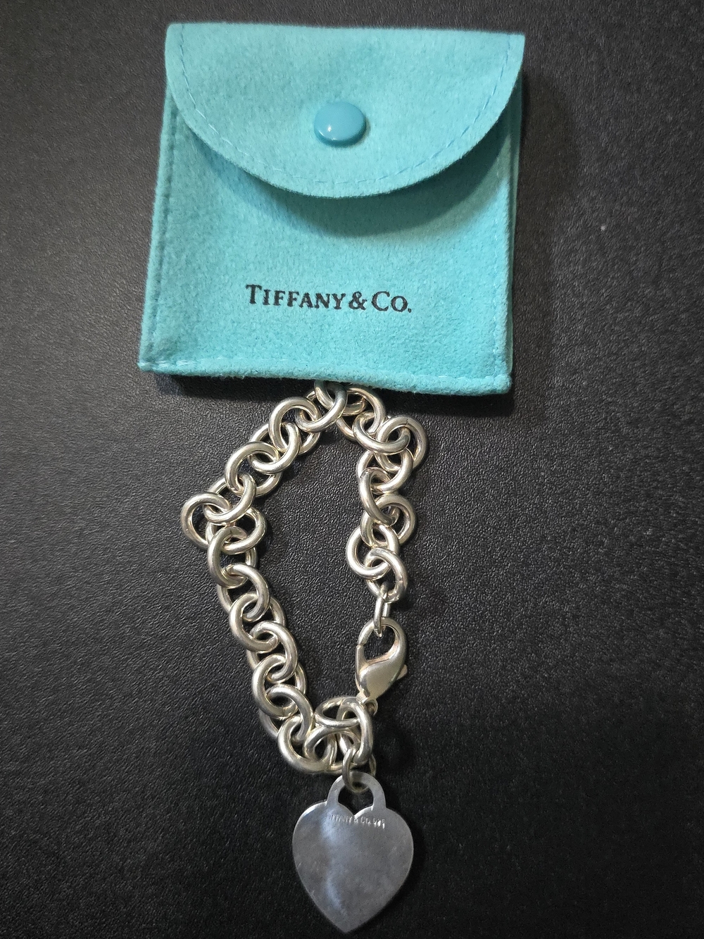 Tiffany & Co. Silver Heart Tag Bracelet with Blue Pouch